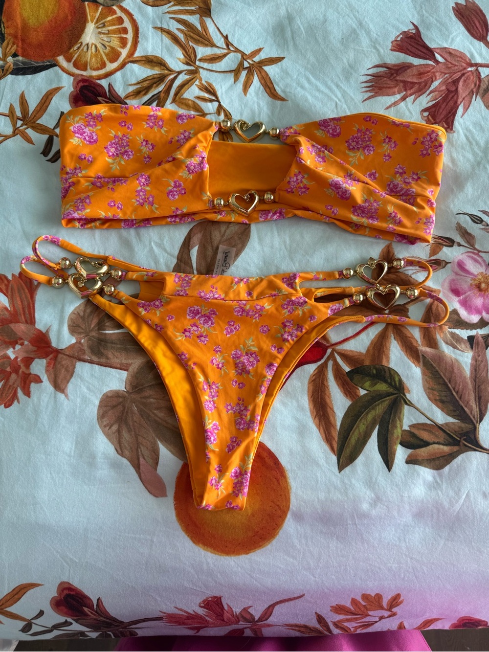 Beach Bunny Orange Floral Bandeau Bikini with Pink Blossoms